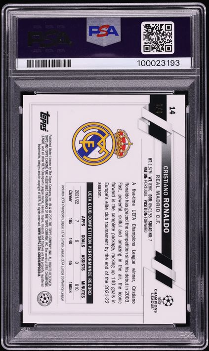 2022 Topps Chrome Sapphire UEFA Padparadscha Cristiano Ronaldo SP 1/1 #14 PSA 10 GEM MINT