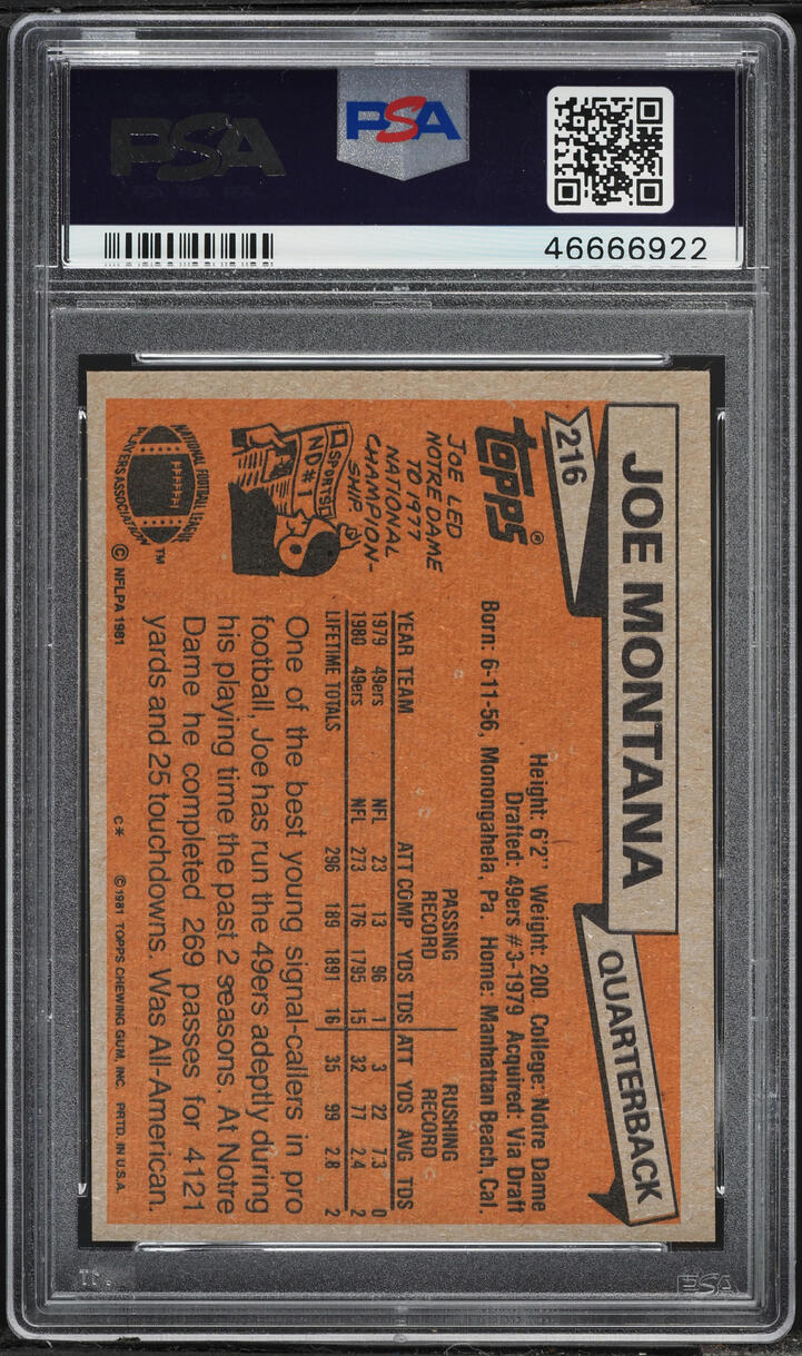 1981 Topps Football Joe Montana ROOKIE #216 PSA 8.5 NM-MT+