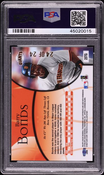 1999 Fleer Brilliants 24KT Gold Barry Bonds 24/24 #25TG PSA 7 NRMT
