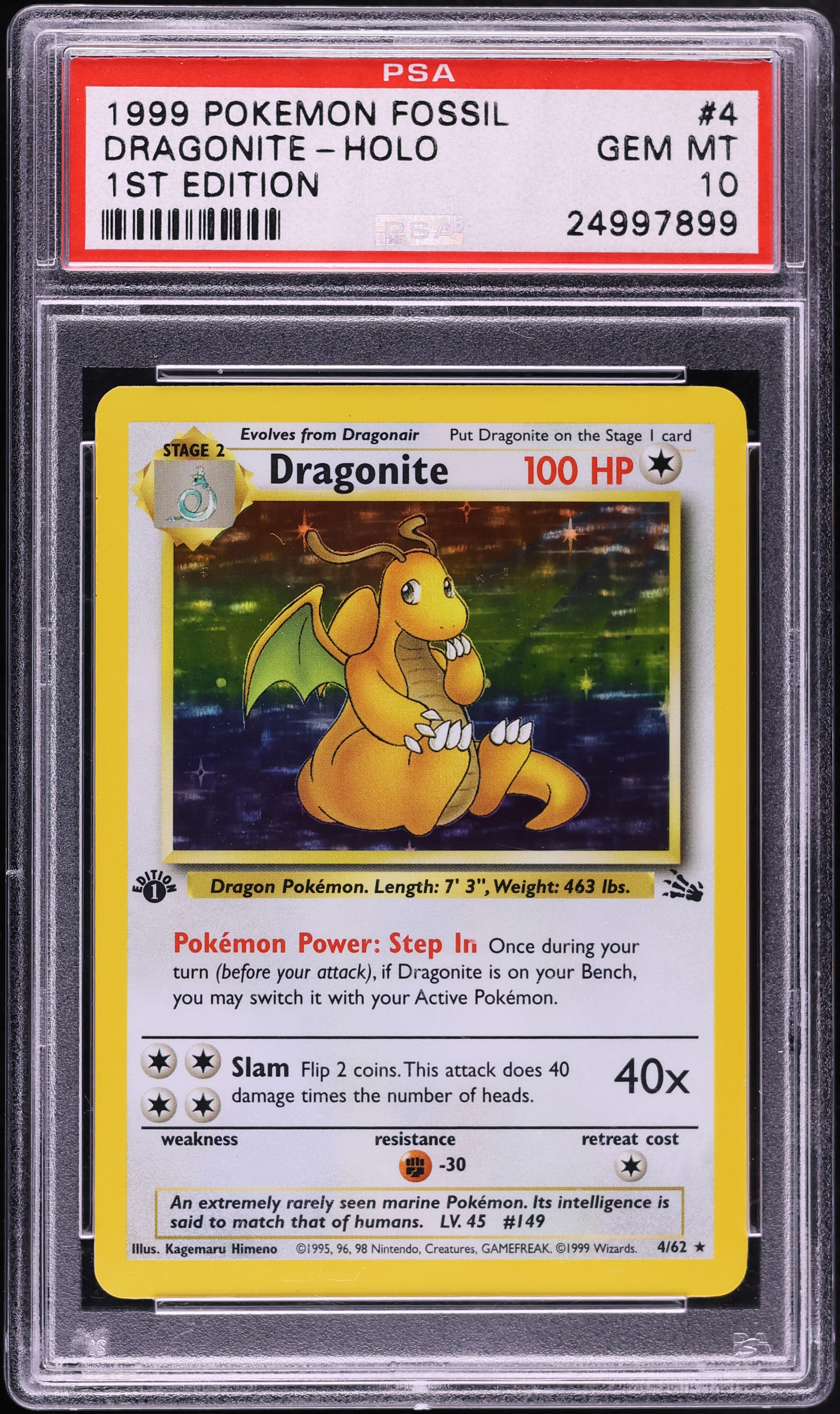 1999 Pokemon Fossil 1st Edition Holo Dragonite #4 PSA 10 GEM MINT