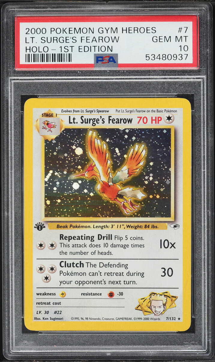 2000 Pokemon Gym Heroes 1st Edition Holo Lt Surge's Fearow #7 PSA 10 GEM MINT