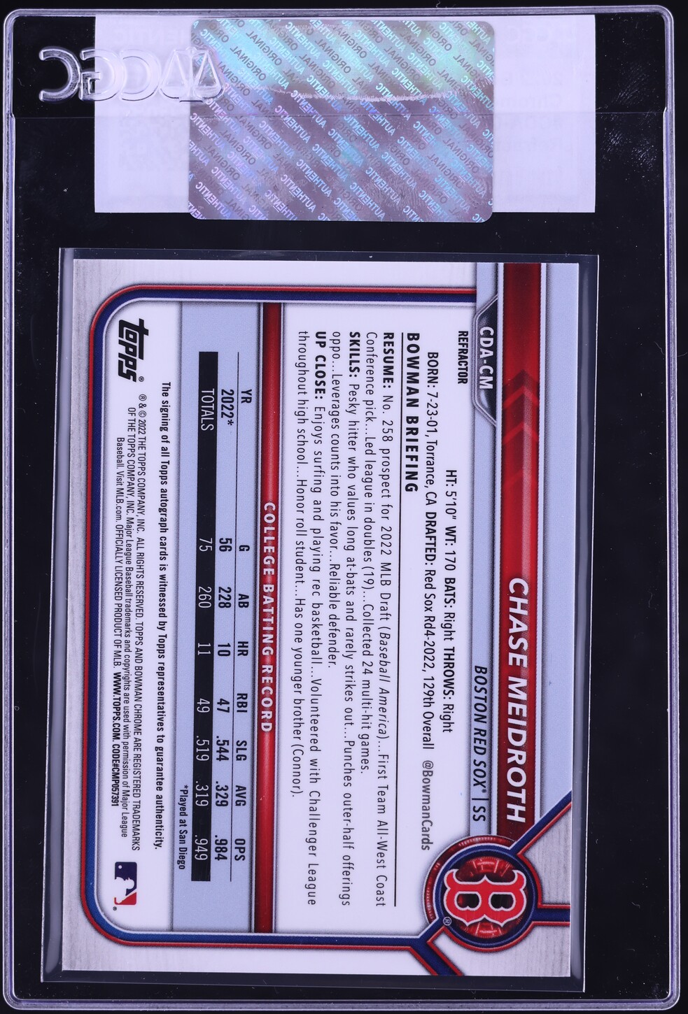 2022 Bowman Chrome Refractor Chase Meidroth PROSPECT AUTO /499 #CDA-CM CGC AUTH