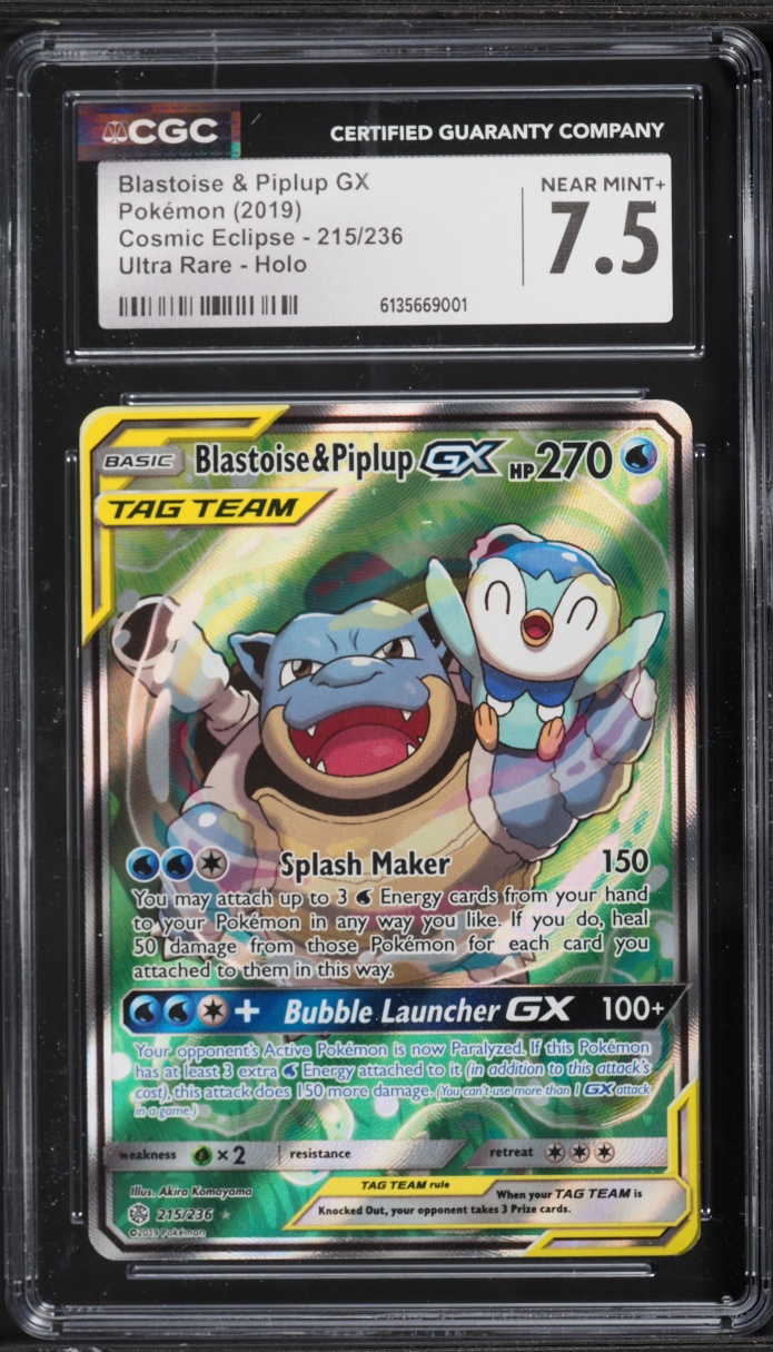 2019 Pokemon Sun & Moon Cosmic Eclipse Alt Art Blastoise & Piplup GX #215 CGC 7.5 NRMT+