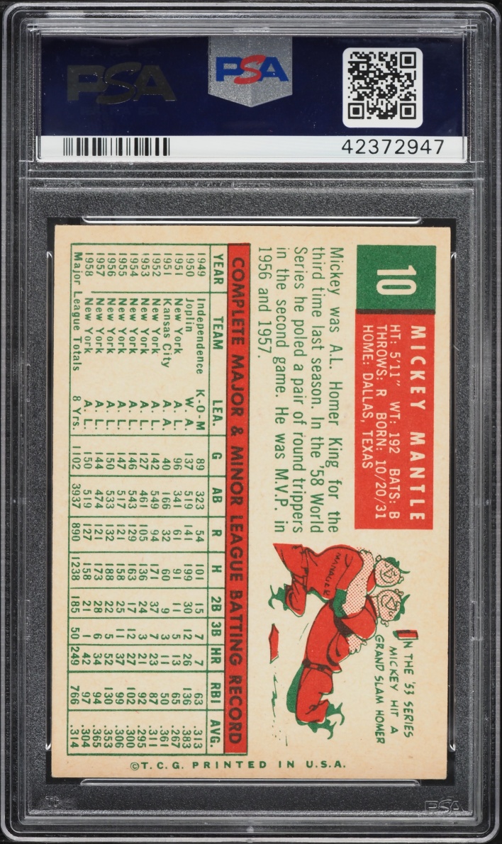 1959 Topps Mickey Mantle #10 PSA 6 EXMT