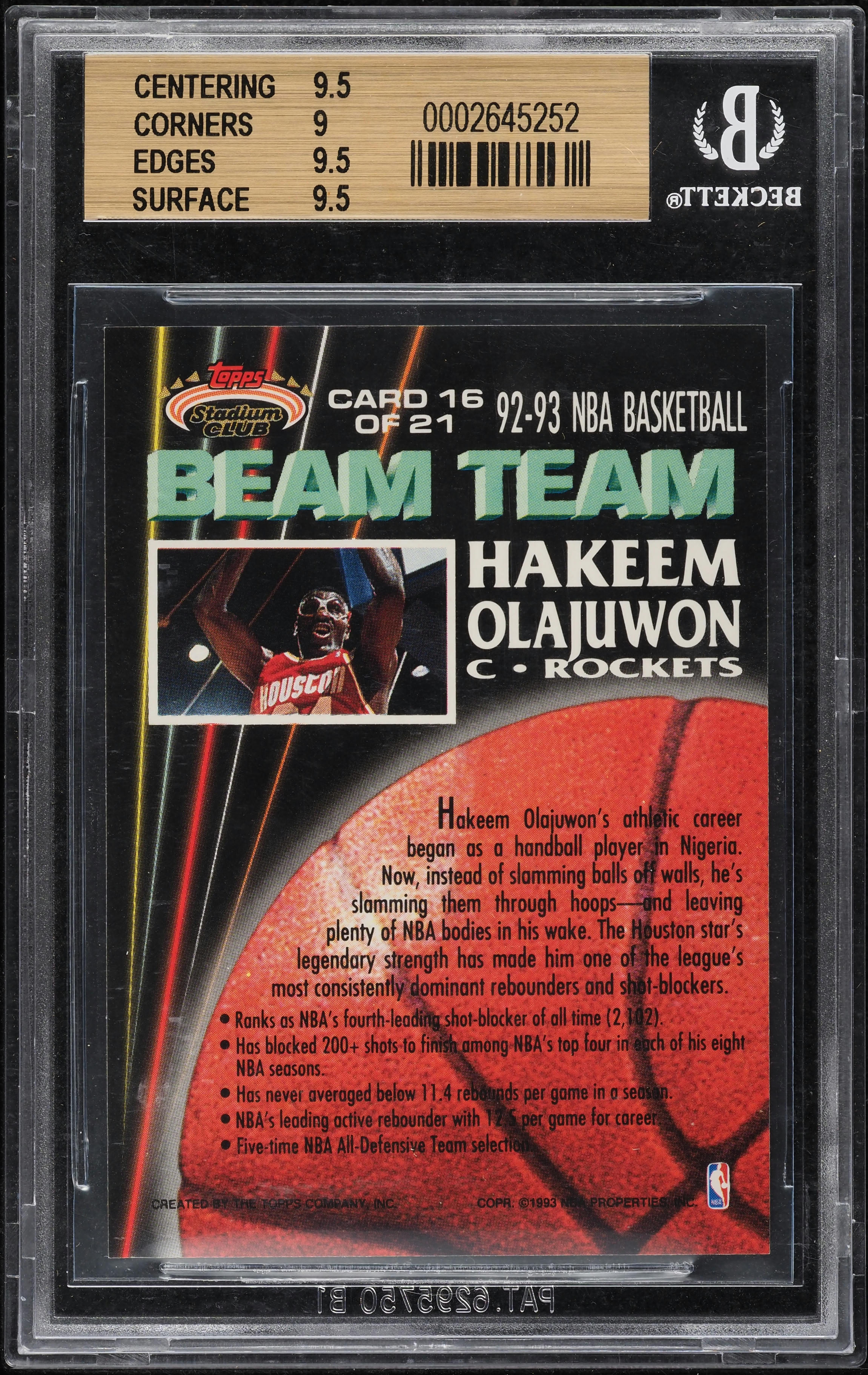 1992 Stadium Club Beam Team Hakeem Olajuwon #16 BGS 9.5 GEM MINT - Photo 2