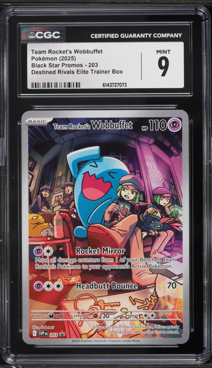 2025 Pokemon SV Promo Destined Rivals ETB Full Art Team Rocket's Wobbuffet #203 CGC 9 MINT