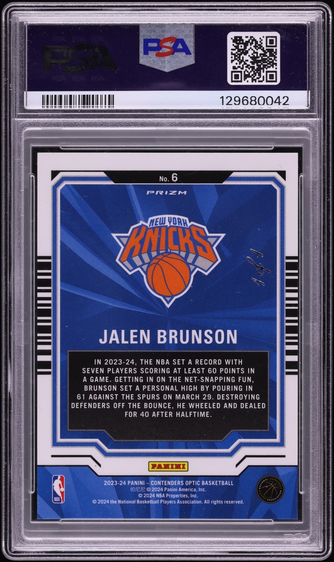 2023 Panini Contenders Optic Playing The Numbers Game Gold Vinyl Jalen Brunson 1/1 #6 PSA 9