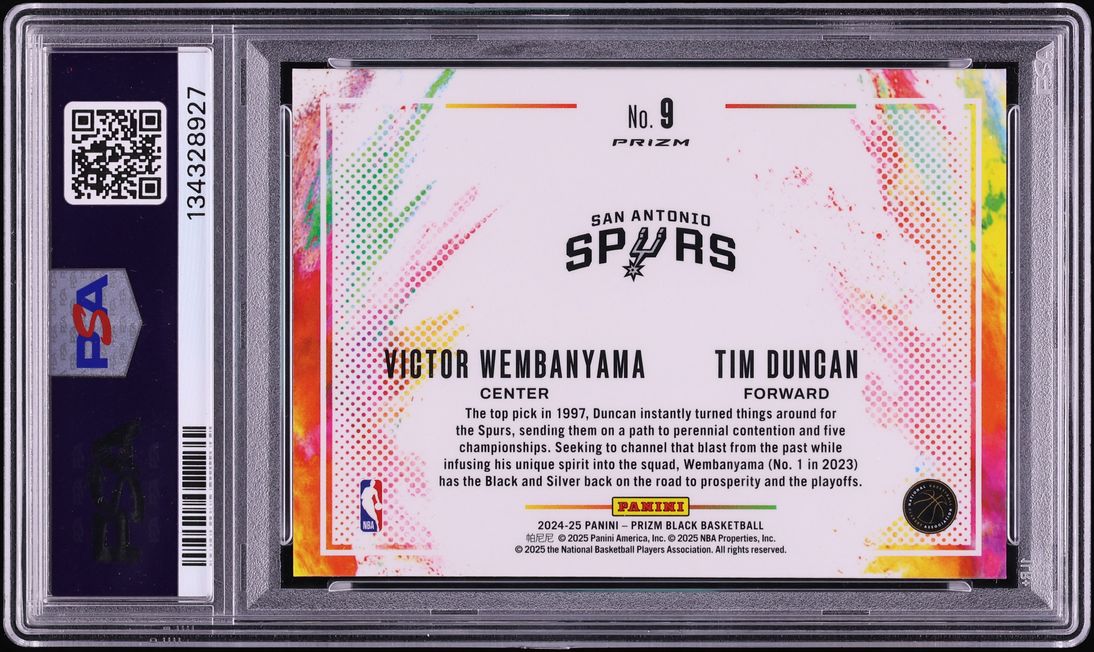 2024 Panini Prizm Black Color Blast Duals Victor Wembanyama & Tim Duncan #9 PSA 10 GEM MINT