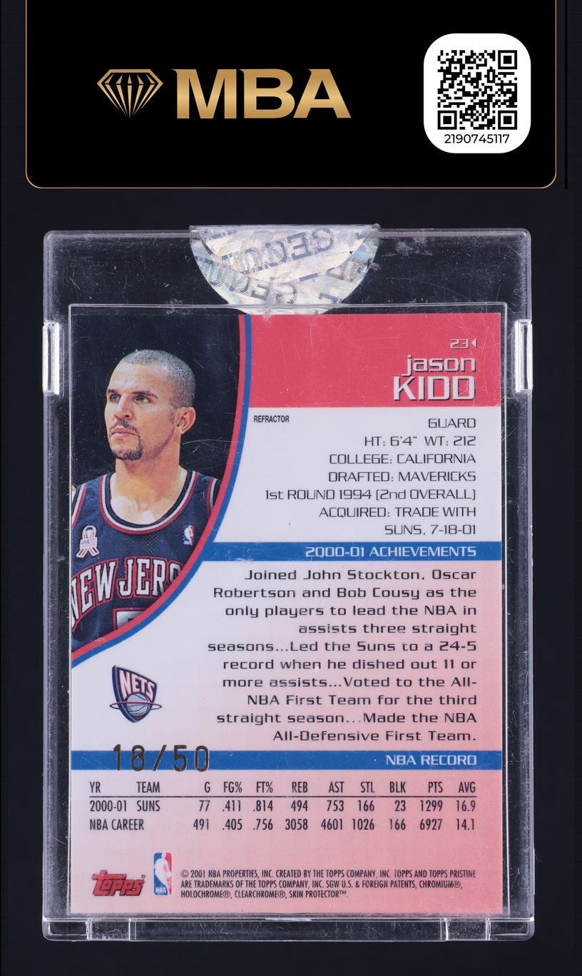 2001 Topps Pristine Refractor Jason Kidd /50 #23 MBA AUTH