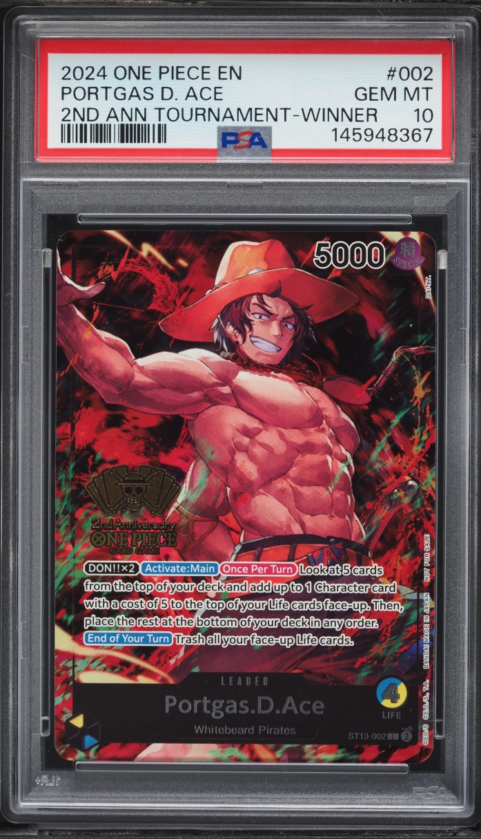 2024 One Piece Promo 2nd Anniversary Tournament Winner Alt Art Leader Portgas D. Ace PSA 10