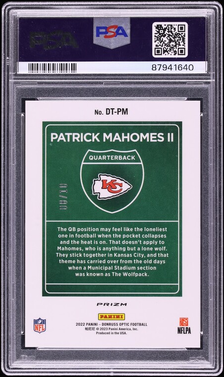 2022 Donruss Optic Downtown Gold Patrick Mahomes II /10 #DTPM PSA 9 MINT