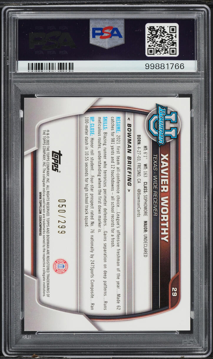2022 Bowman Chrome U Aqua Wave Refractor Xavier Worthy ROOKIE /299 #29 PSA 9