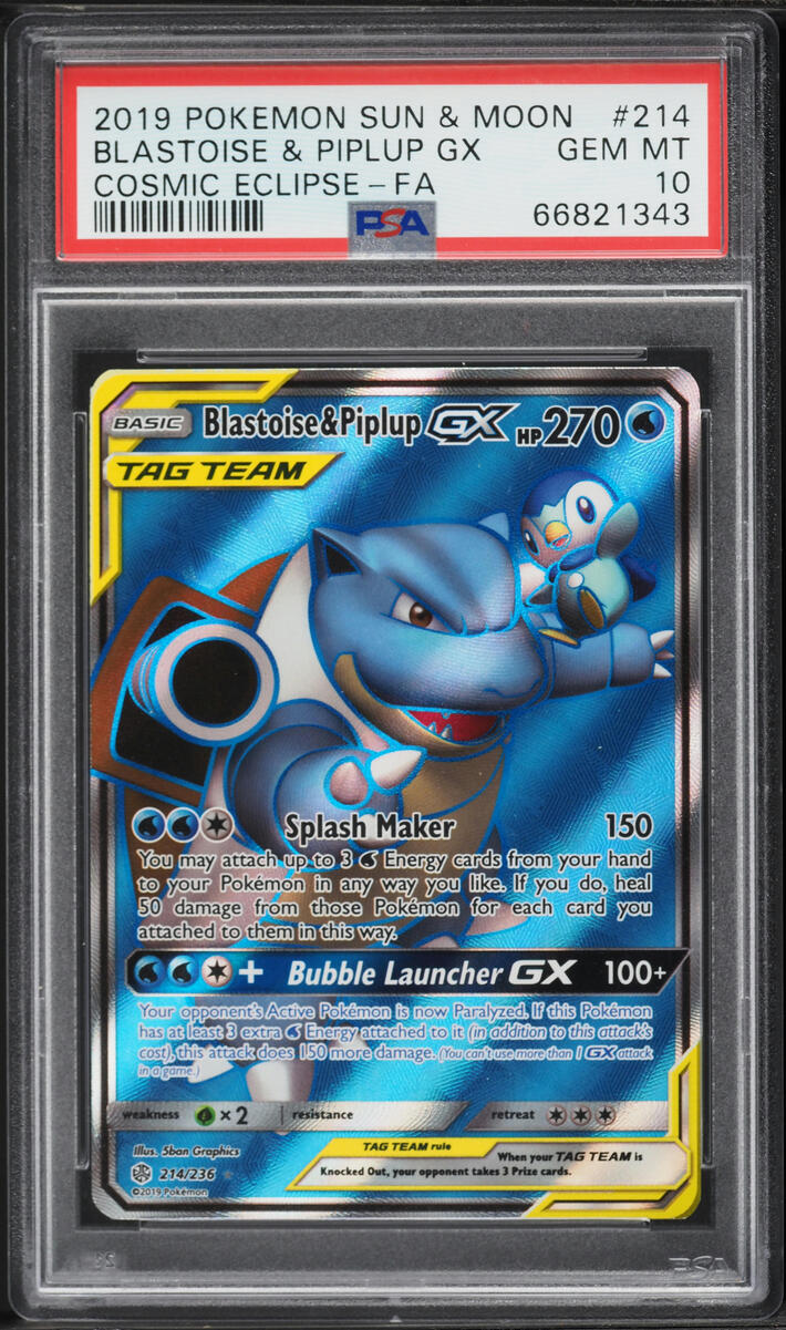 2019 Pokemon Sun & Moon Cosmic Eclipse Full Art Blastoise & Piplup GX #214 PSA 10 GEM MINT