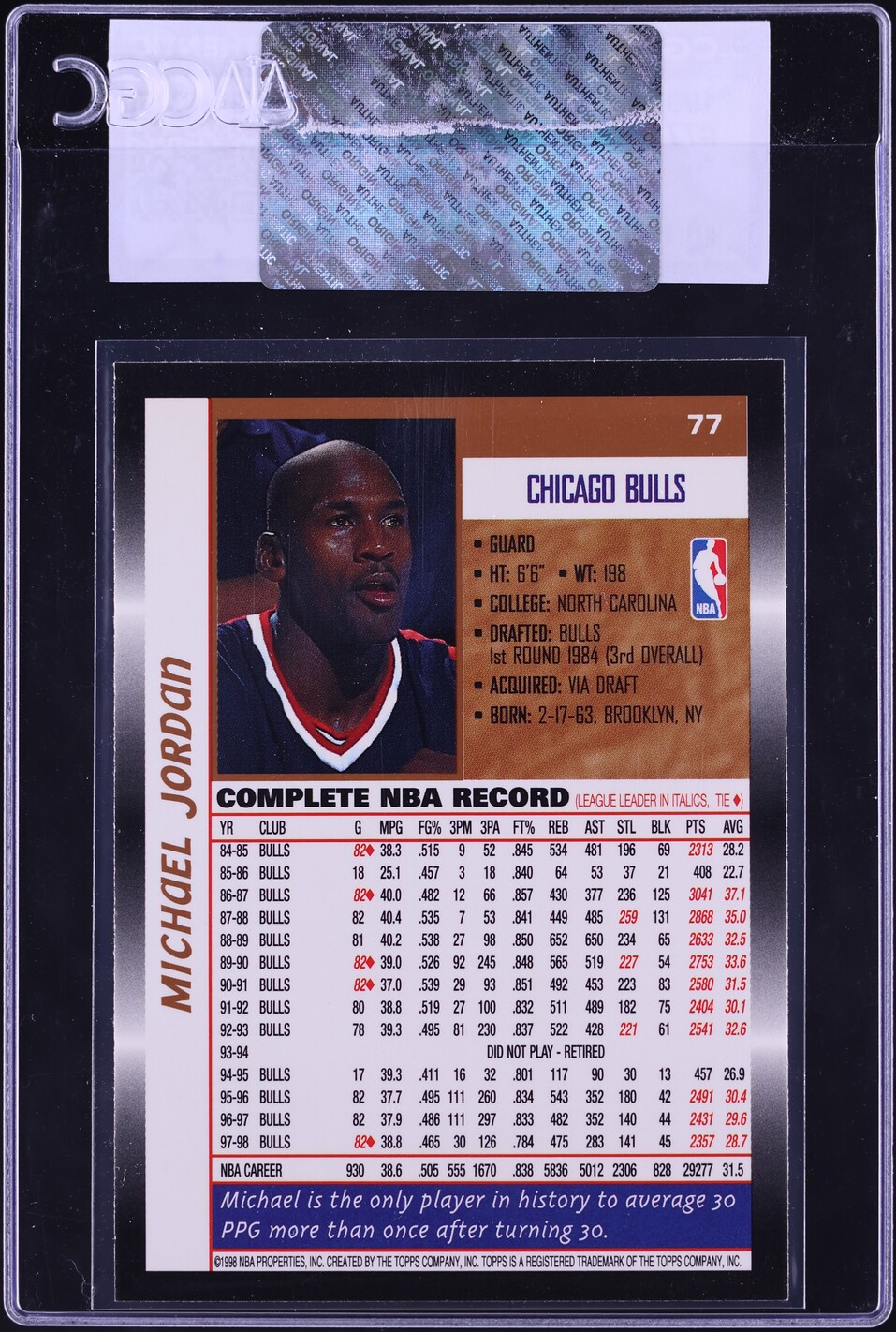 1998 Topps Basketball Michael Jordan #77 CGC AUTH