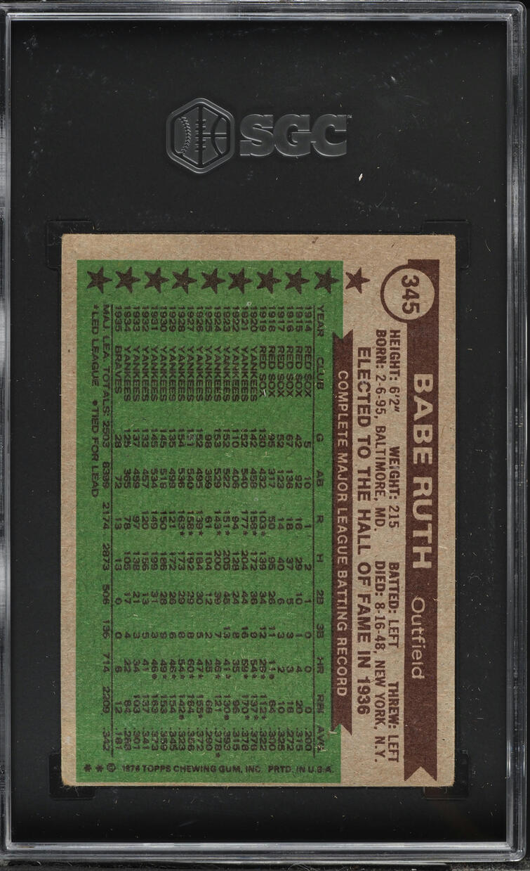 1976 Topps Babe Ruth ALL-TIME ALL-STARS #345 SGC 2 GD