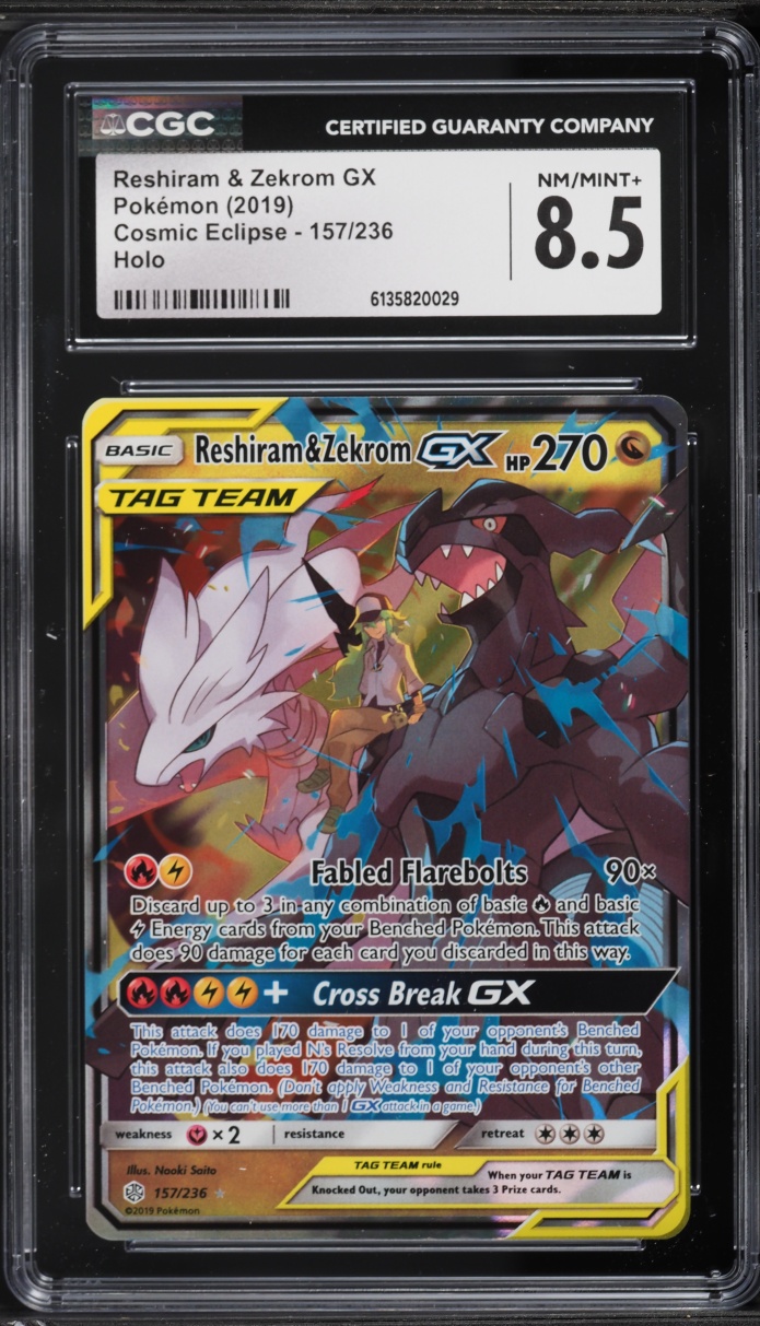 2019 Pokemon Sun & Moon Cosmic Eclipse Reshiram & Zekrom GX #157 CGC 8.5 NM-MT+