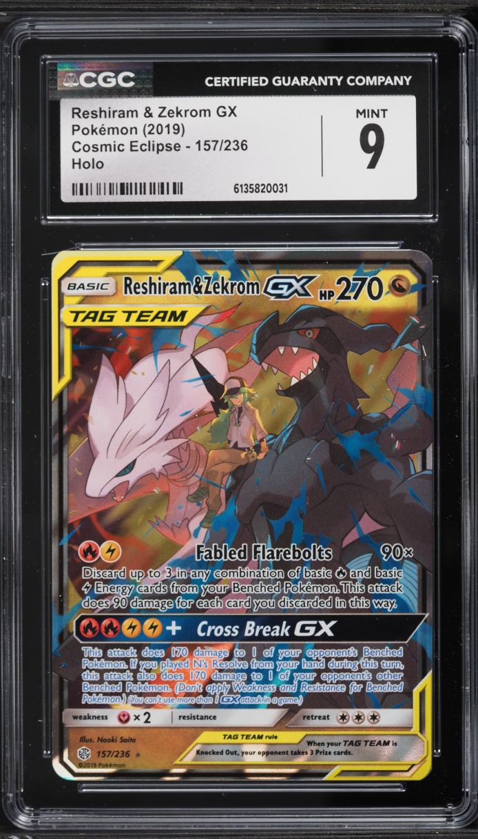 2019 Pokemon Sun & Moon Cosmic Eclipse Holo Reshiram & Zekrom GX #157 CGC 9 MINT
