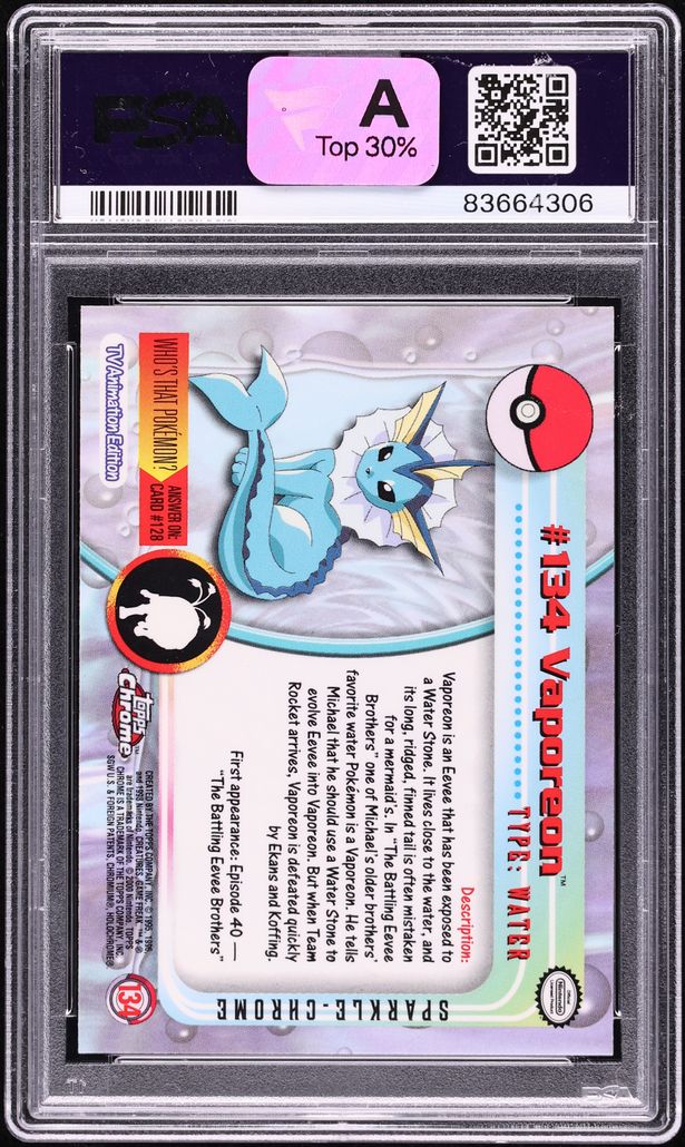 2000 Topps Pokemon Chrome TV Series 2 Sparkle Vaporeon #134 PSA 10 GEM MINT