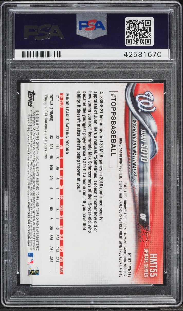 2018 Topps Chrome Update Juan Soto ROOKIE #HMT55 PSA 10 GEM MINT
