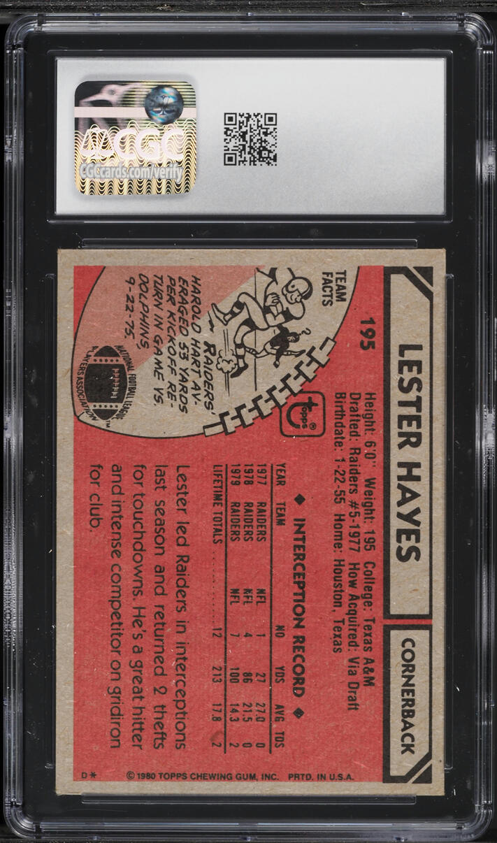 1980 Topps Football Lester Hayes ROOKIE #195 CGC 6 EXMT