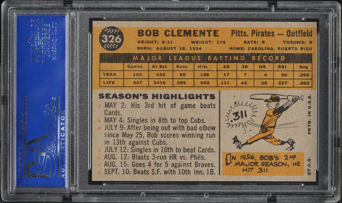 1960 Topps Roberto Clemente #326 PSA 8 NM-MT