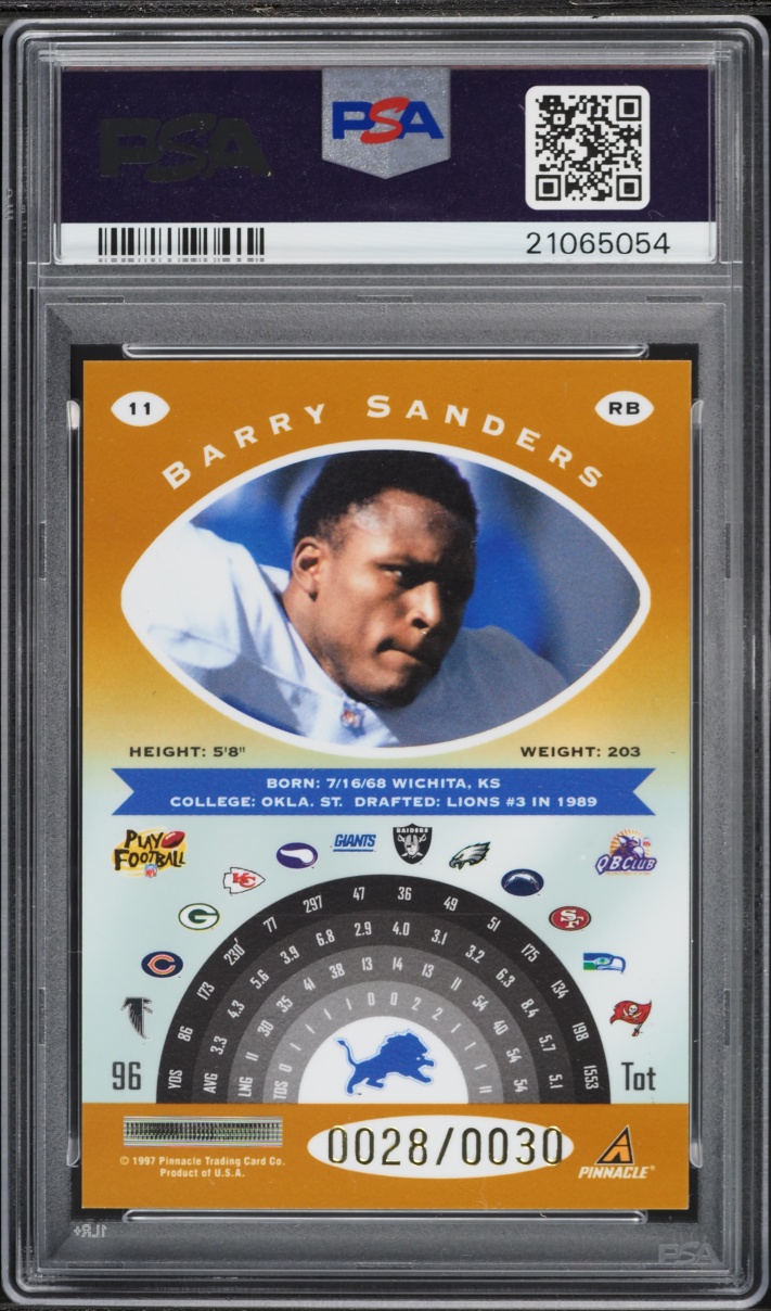 1997 Pinnacle Totally Certified Platinum Gold Barry Sanders /30 #11 PSA 10 GEM MINT - Photo 2
