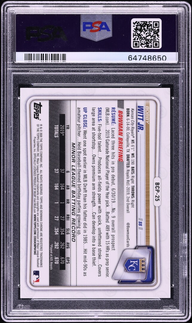 2020 Bowman Chrome Sapphire Bobby Witt Jr. PROSPECT #BCP-25 PSA 9 MINT