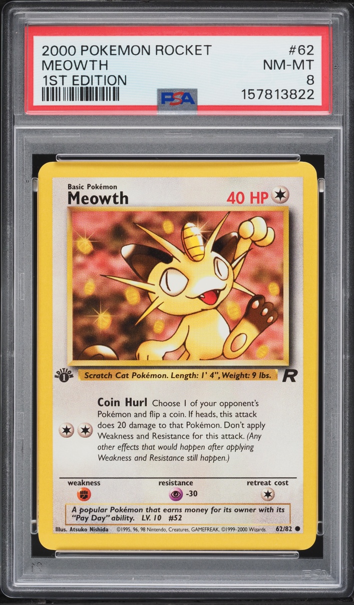 2000 Pokemon Team Rocket 1st Edition Meowth #62 PSA 8 NM-MT