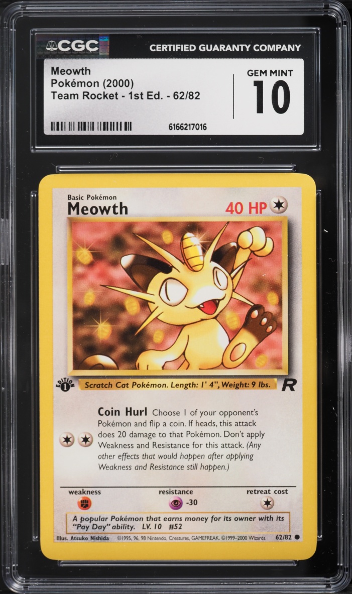 2000 Pokemon Team Rocket 1st Edition Meowth #62 CGC 10 GEM MINT