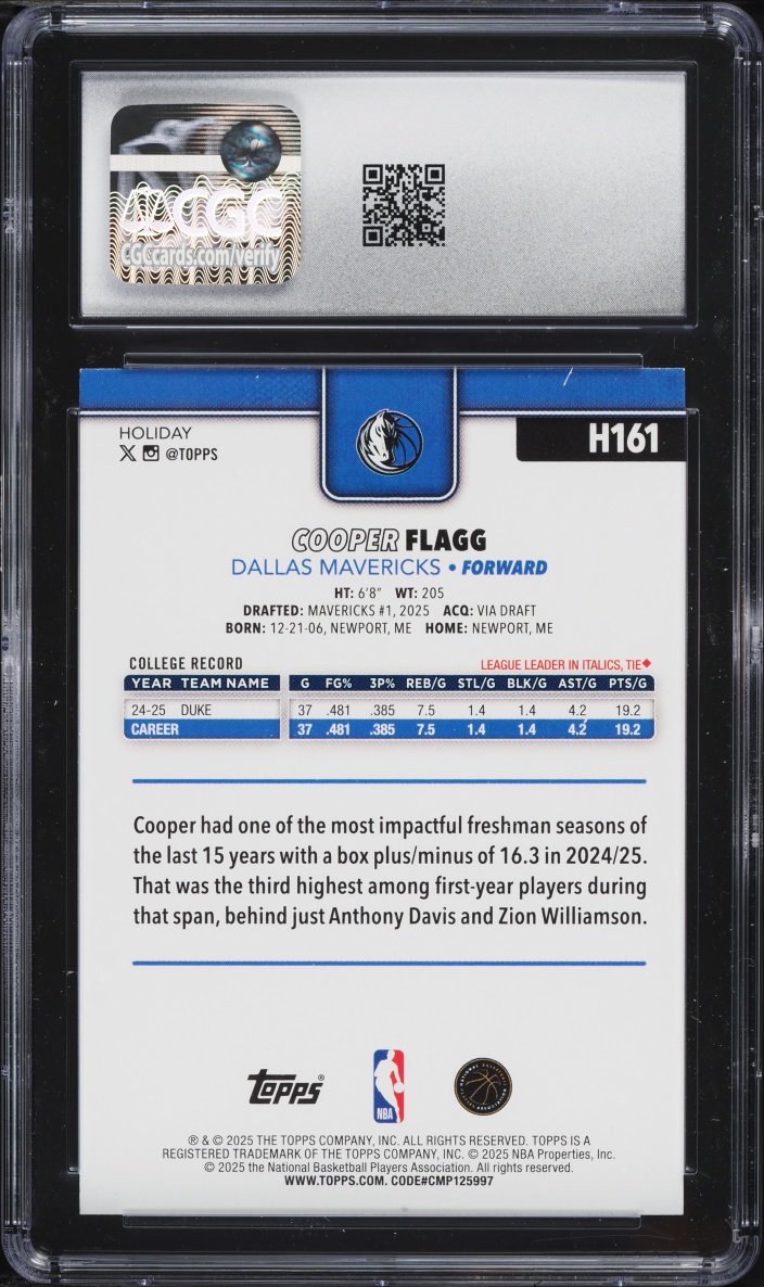 2025 Topps Holiday Cooper Flagg ROOKIE #H161 CGC 9.5 MINT+