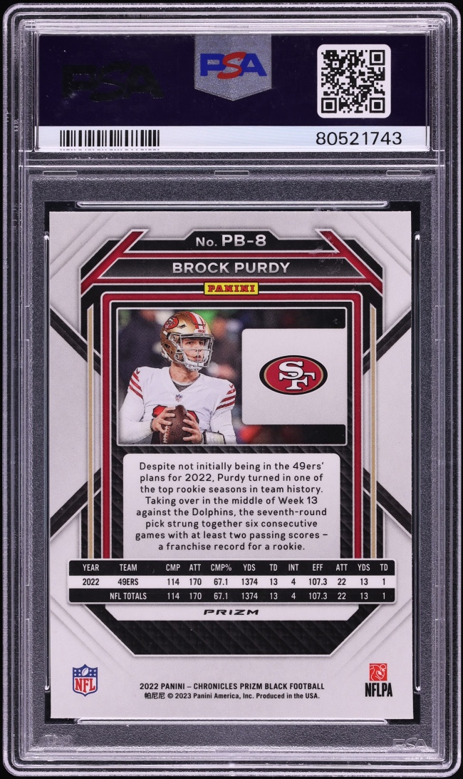 2022 Panini Chronicles Prizm Black Silver Brock Purdy ROOKIE #PB-8 PSA 10 GEM MINT