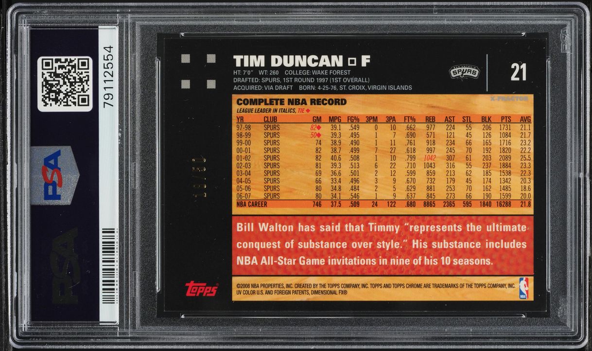 2007 Topps Chrome Xfractor Tim Duncan /50 #21 PSA 9 MINT - Photo 2
