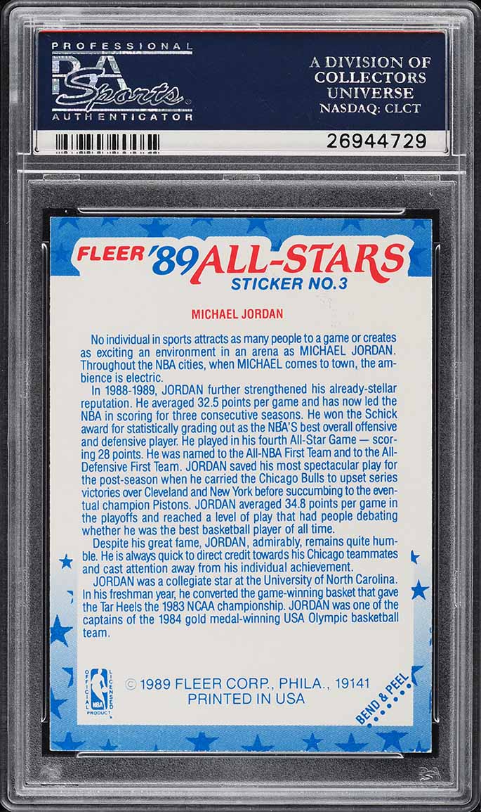 1989 Fleer Sticker Michael Jordan #3 PSA 9 MINT - Photo 2