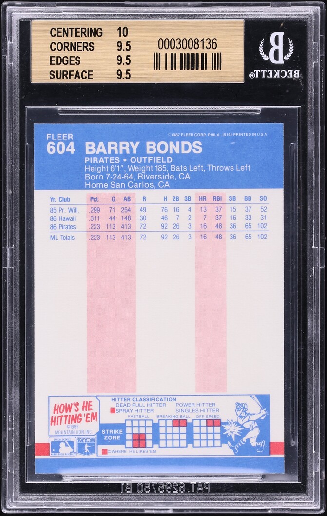 1987 Fleer Barry Bonds ROOKIE #604 BGS 9.5 GEM MINT