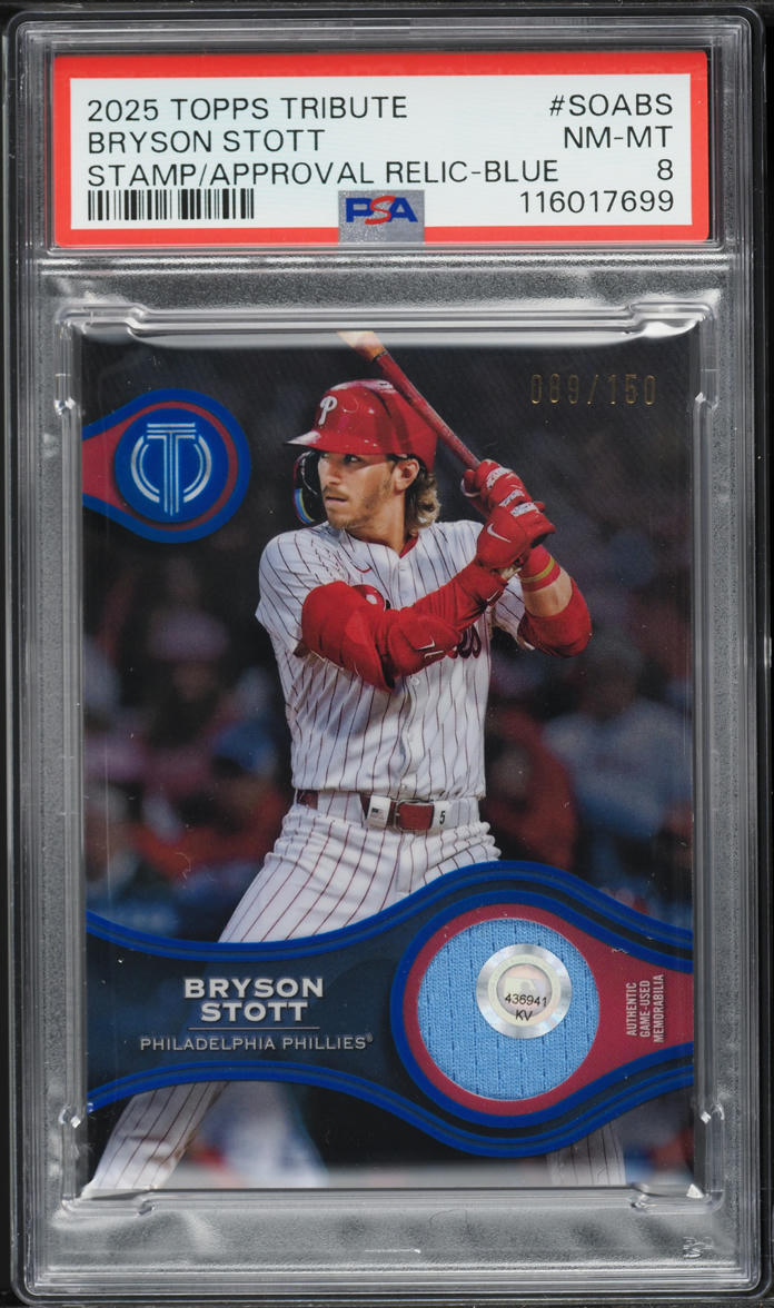 2025 Topps Tribute Stamp Of Approval Blue Bryson Stott PATCH /150 #SOA-BS PSA 8 NM-MT