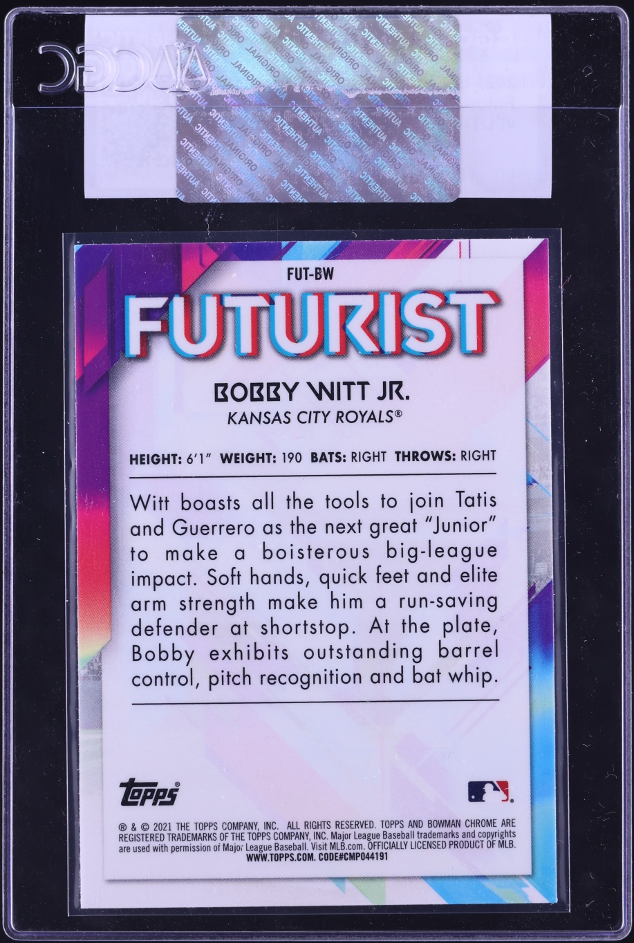 2021 Bowman Chrome Futurist Bobby Witt Jr. PROSPECT #FUT-BW CGC AUTH