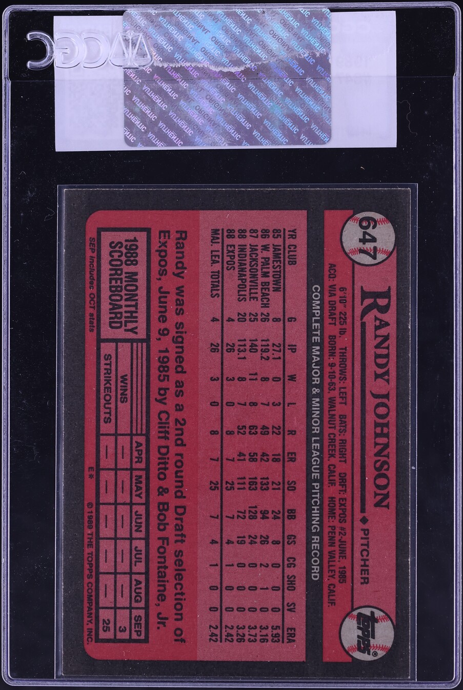 1989 Topps Randy Johnson ROOKIE #647 CGC AUTH