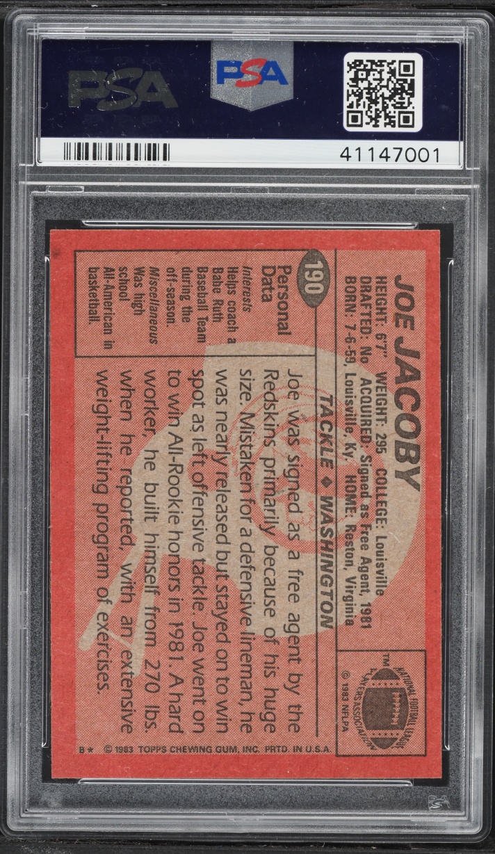 1983 Topps Football Joe Jacoby #190 PSA 9 MINT