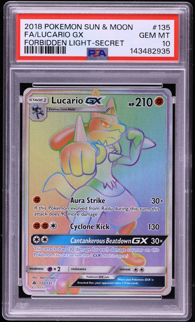 2018 Pokemon Sun & Moon Forbidden Light Rainbow Rare Lucario GX #135 PSA 10 GEM MINT