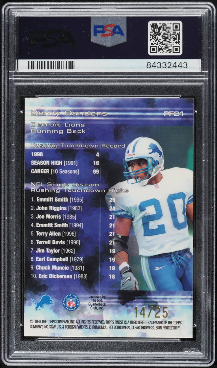 1999 Finest Prominent Figures Refractor w/ Coating Barry Sanders /25 #PF21 PSA 9 MINT - Photo 2