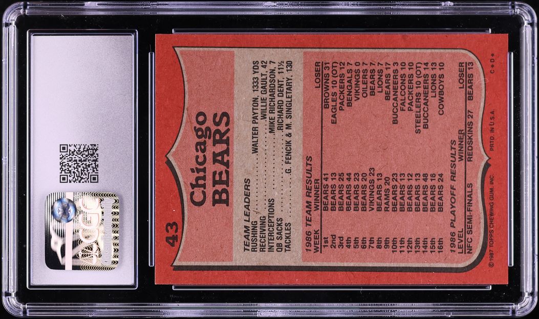 1987 Topps Payton Barrels Forward BEARS TEAM LEADERS #43 CGC 10 GEM MINT