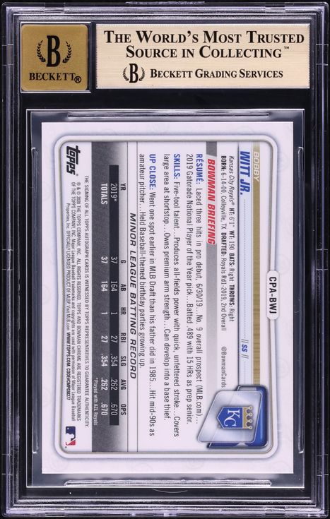 2020 Bowman Chrome Red Shimmer Refractor Bobby Witt Jr. PROSPECT AUTO /5 BGS 9.5