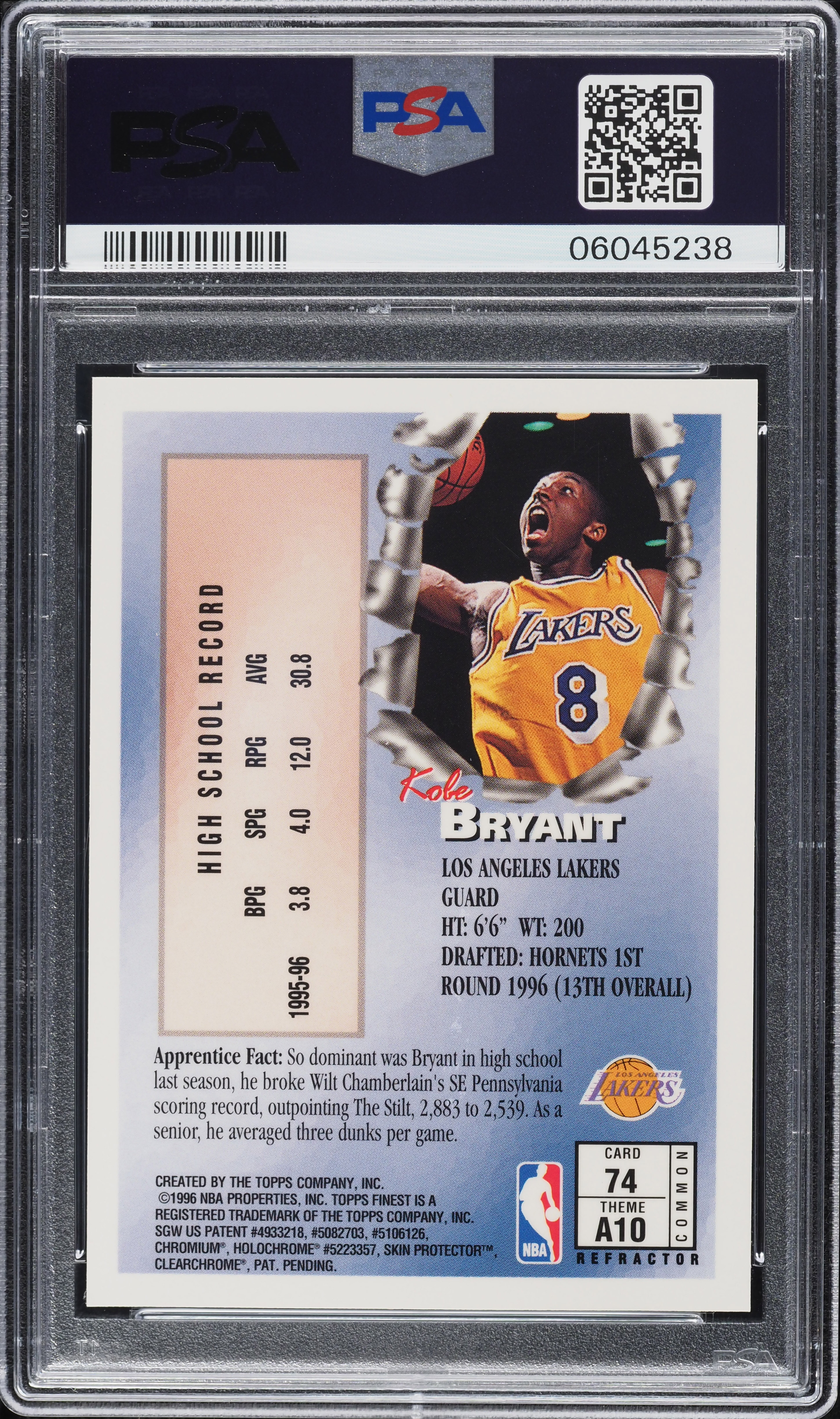 1996 Finest Refractor w/ Coating Kobe Bryant ROOKIE #74 PSA