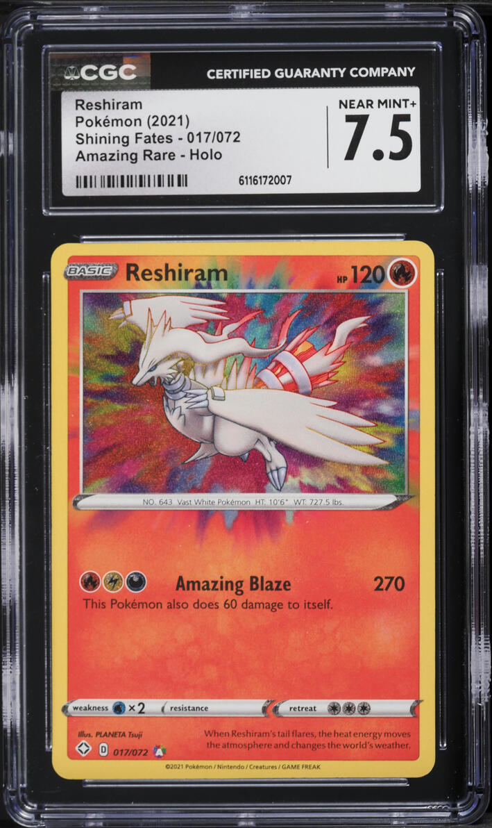 2021 Pokemon Sword & Shield Shining Fates Amazing Rare Reshiram #17 CGC 7.5 NRMT+