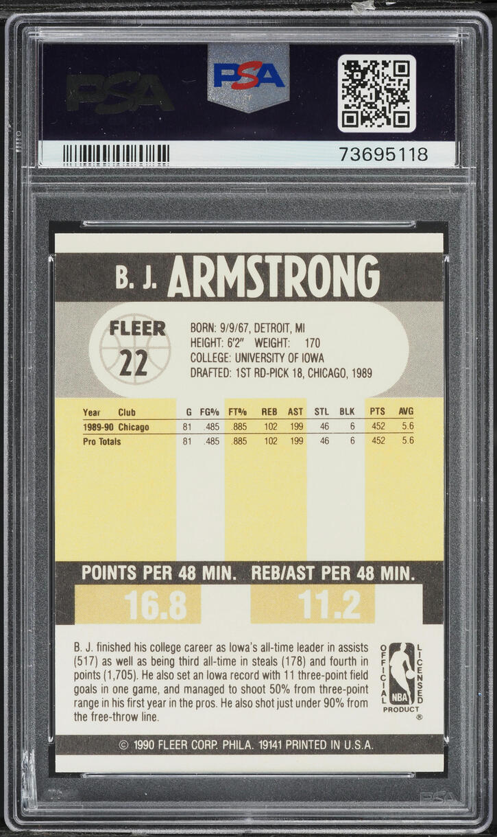 1990 Fleer Basketball B.J. Armstrong ROOKIE #22 PSA 10 GEM MINT