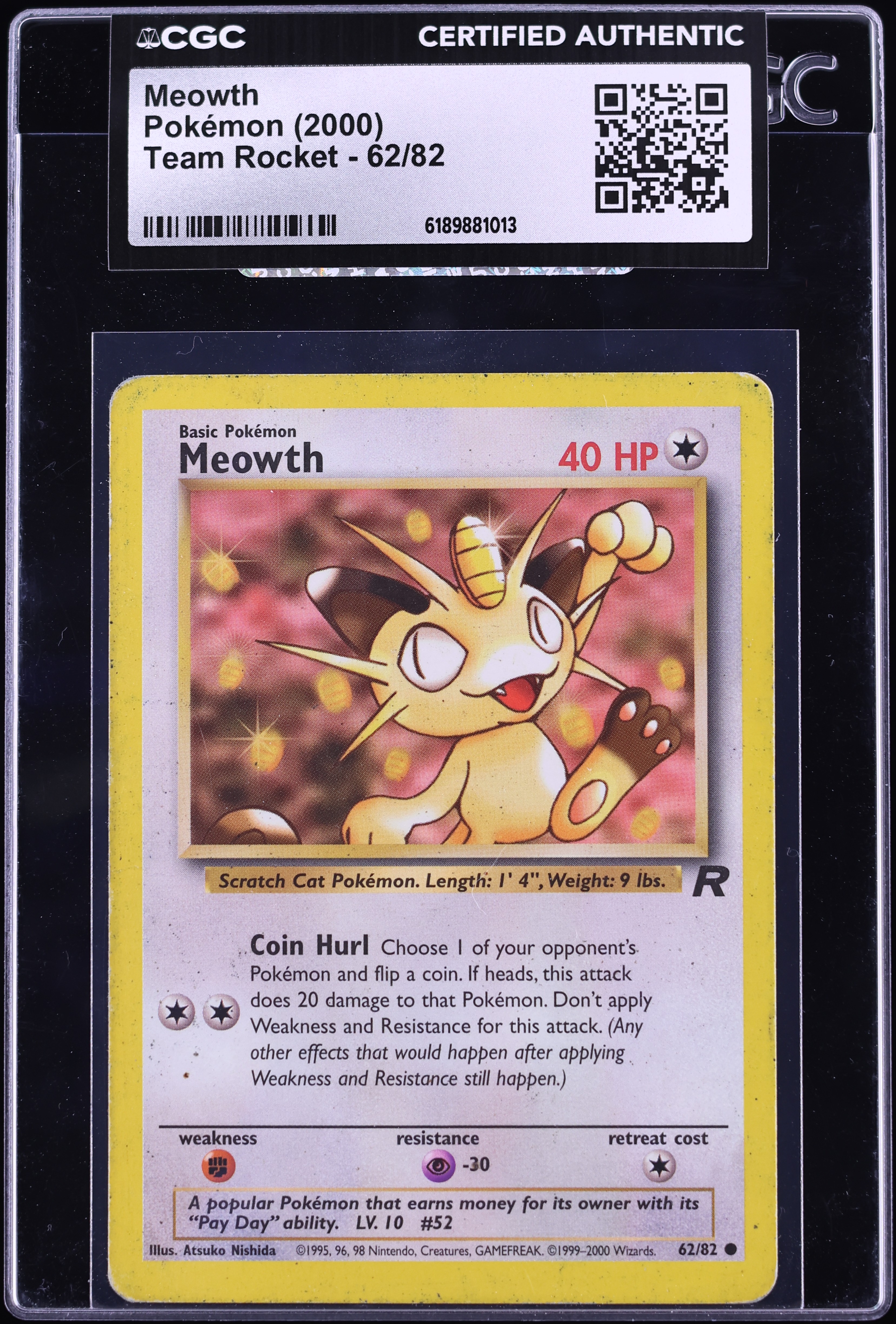 2000 Pokemon Team Rocket Meowth #62 CGC AUTH