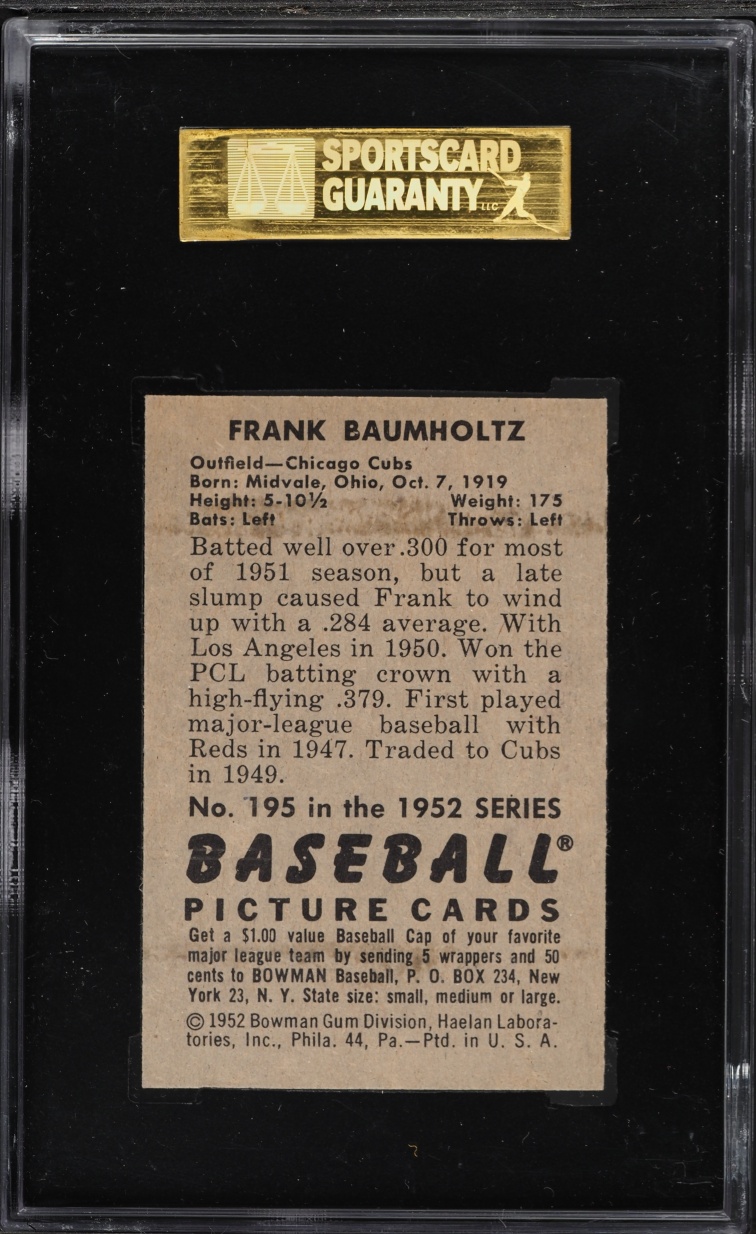 1952 Bowman Frank Baumholtz #195 SGC 7 NRMT