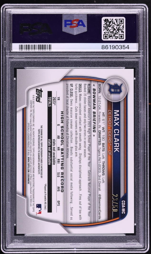 2023 Bowman Chrome Gold Shim Max Clark PROSPECT AUTO /50 #CDA-MC PSA 10 GEM MINT