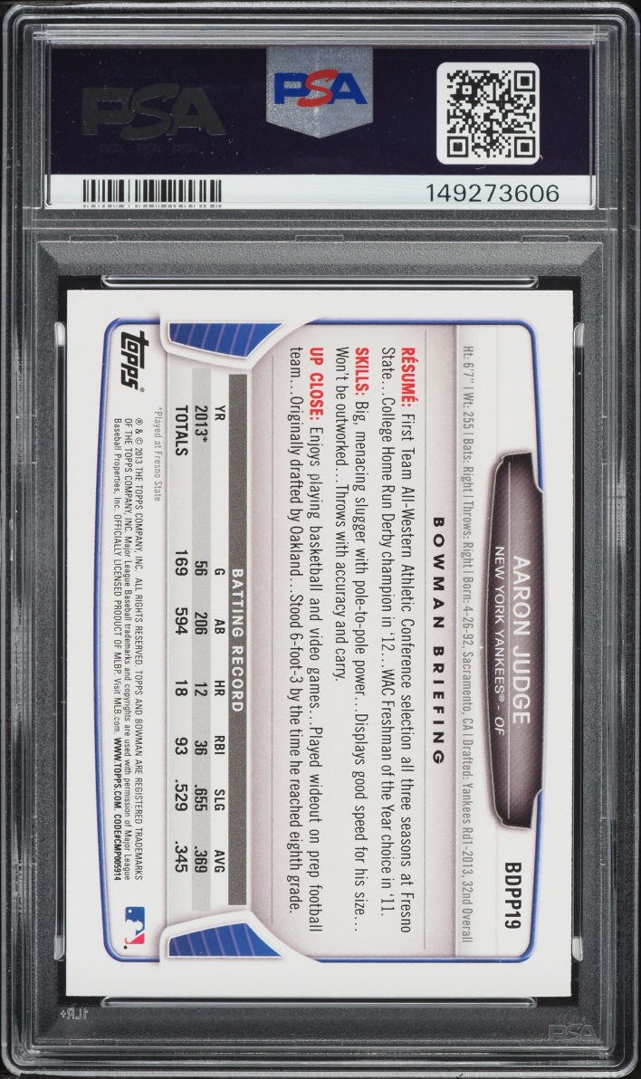 2013 Bowman Draft Picks Aaron Judge PROSPECT #BDPP19 PSA 10 GEM MINT