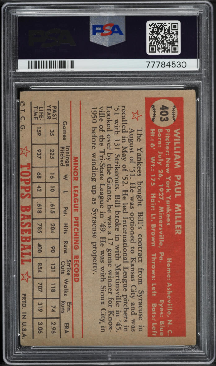 1952 Topps Bill Miller #403 PSA 1.5 FR